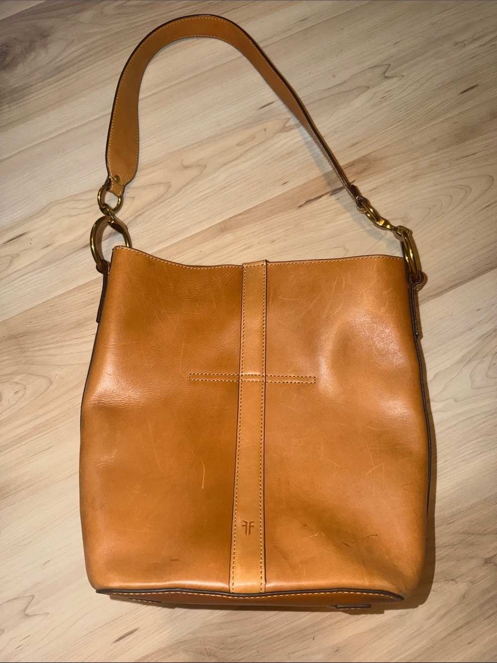 Frye Tan Leather Shoulder Bucket Bag
